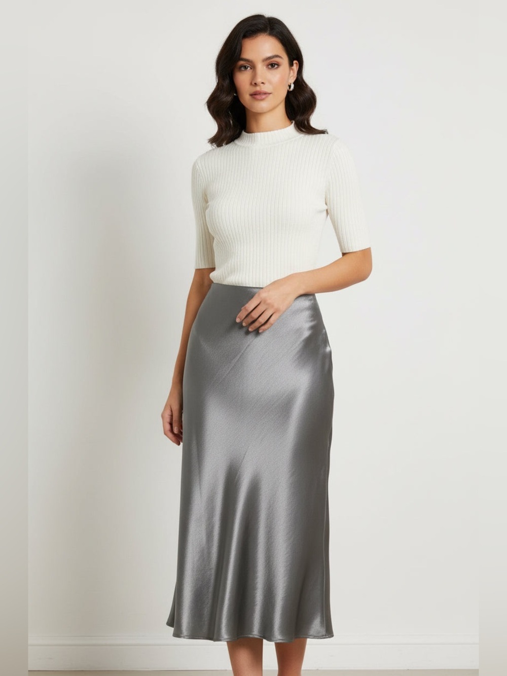 Lucy Paris Silver Satin Midi Skirt